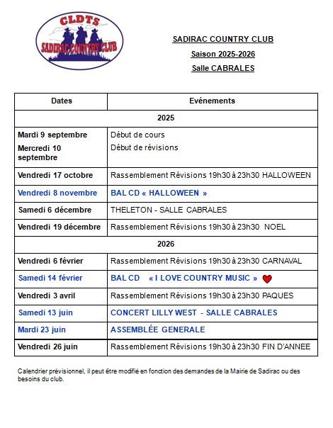 Calendrier évènements 2025/2026