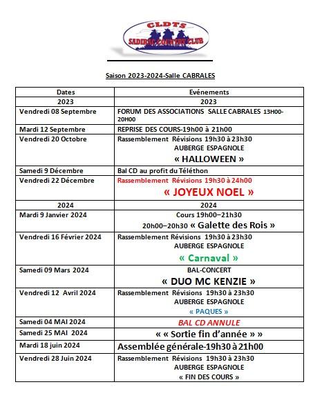 Calendrier 2023 2024 bal annule